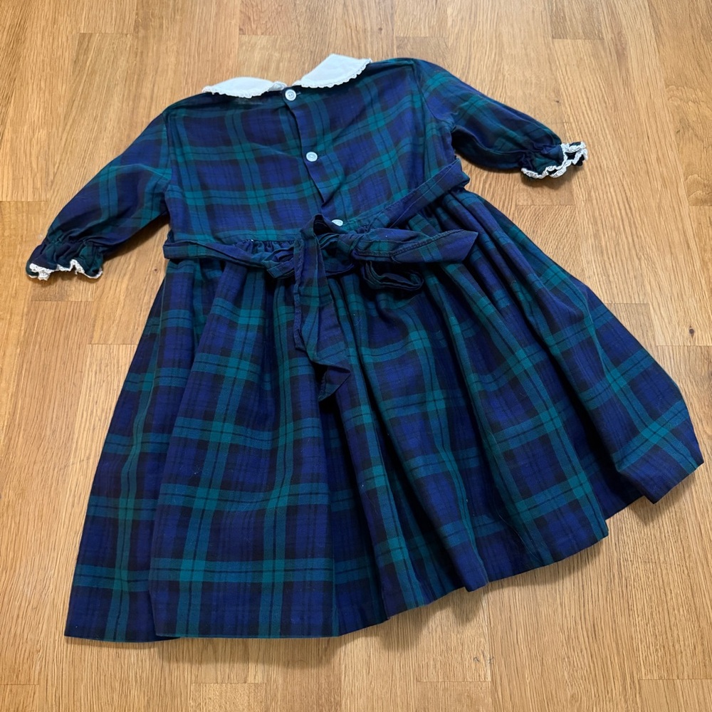 Polly Flinders 3T Blue Green Tartan Plaid Long Sleeve Dress Hand Smocked - Picture 2 of 8